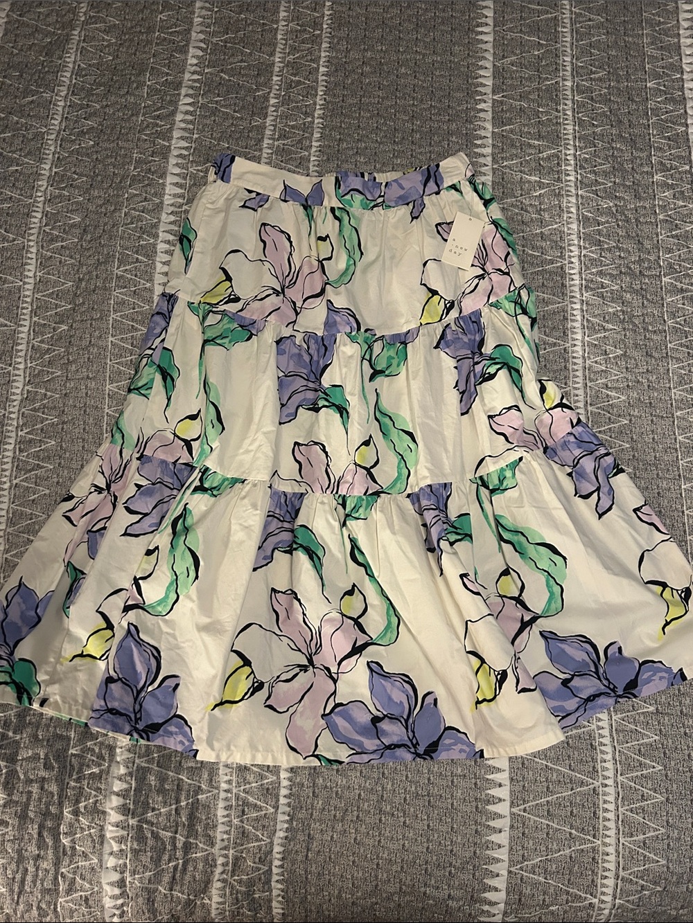 a new day White Tiered Midi Skirt with Lavender, Mint & Yellow Floral Print